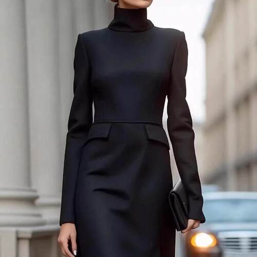 Women's Chic High Neck Long-Sleeve Solid Color Skinny Fit
