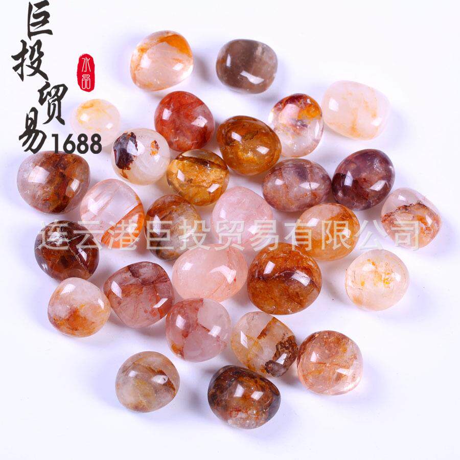 天然黄胶花水晶滚石摆件红焦花大颗粒随形Golen Healer儿童淘矿石