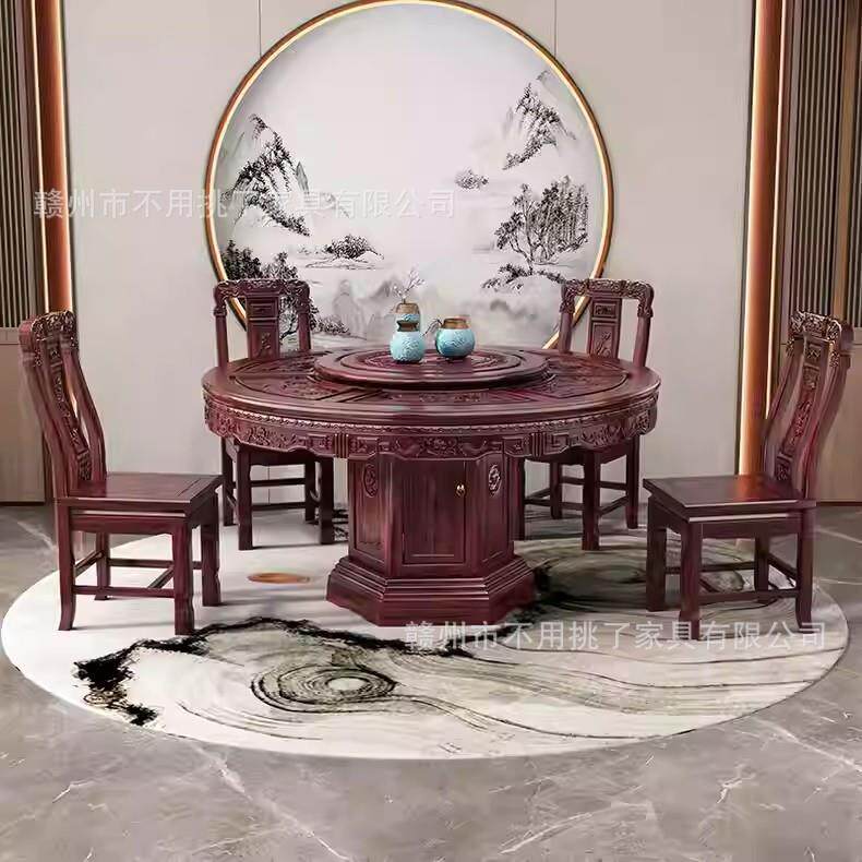 新中大式全木乌金圆桌仿古雕花家具赣州不用10人带转盘圆桌实家用