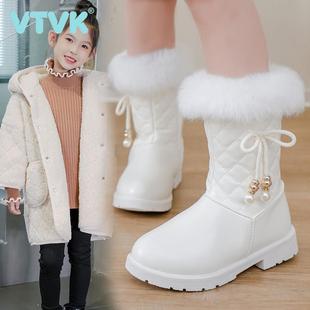 VTVK女童雪地靴冬季2025新款中大童保暖公主皮靴儿童加绒中筒棉靴