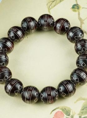 印度小叶紫檀木镶嵌999银回纹花珠手串檀木高品质真货散珠子