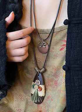 新中式纽扣蝴蝶结吊坠项链女复古长款毛衣链古风禅意百搭锁骨链潮