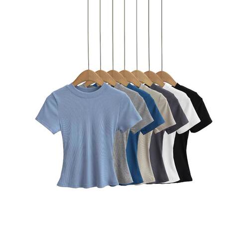 Round neck crop exposed short T-shirt elastic top