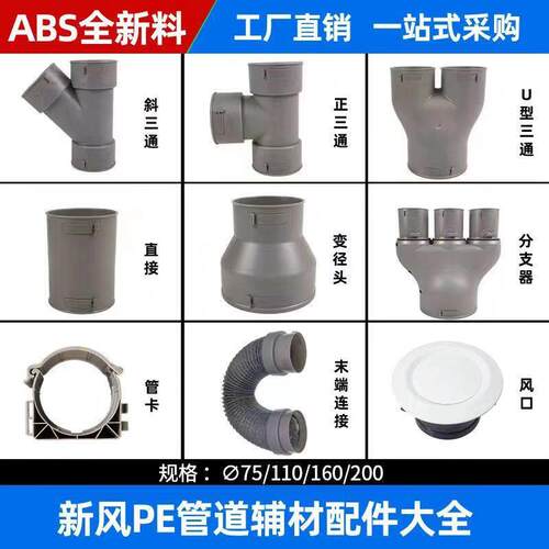 新风系统PE管道U型Y形一分三通四通分风箱分支器软变径弯头直接头
