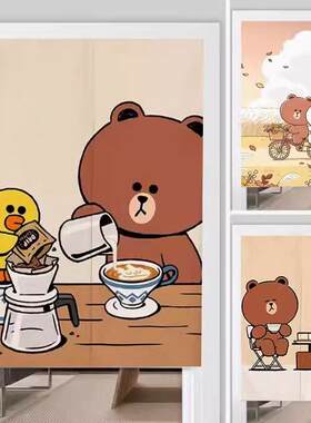 卡通布朗熊布艺门帘家用儿童房装饰帘卫生间厨房隔断帘免打孔挂帘