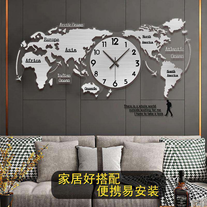 新款直销艺钟美创意挂钟镜面世界地图网红装饰客厅家用时尚欧式静