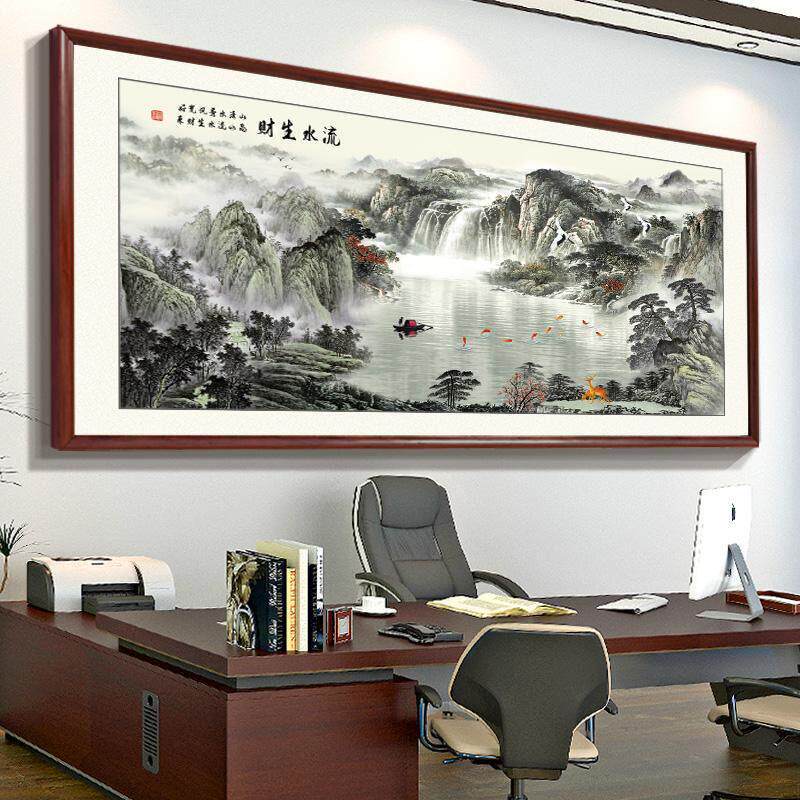 流水生财山水挂画 画字画 画办公室国画 画聚宝盆风景客厅沙发背