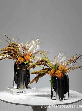 轻奢高端橙色干花不锈钢花瓶摆件样板房客厅餐桌茶几软装花艺摆设