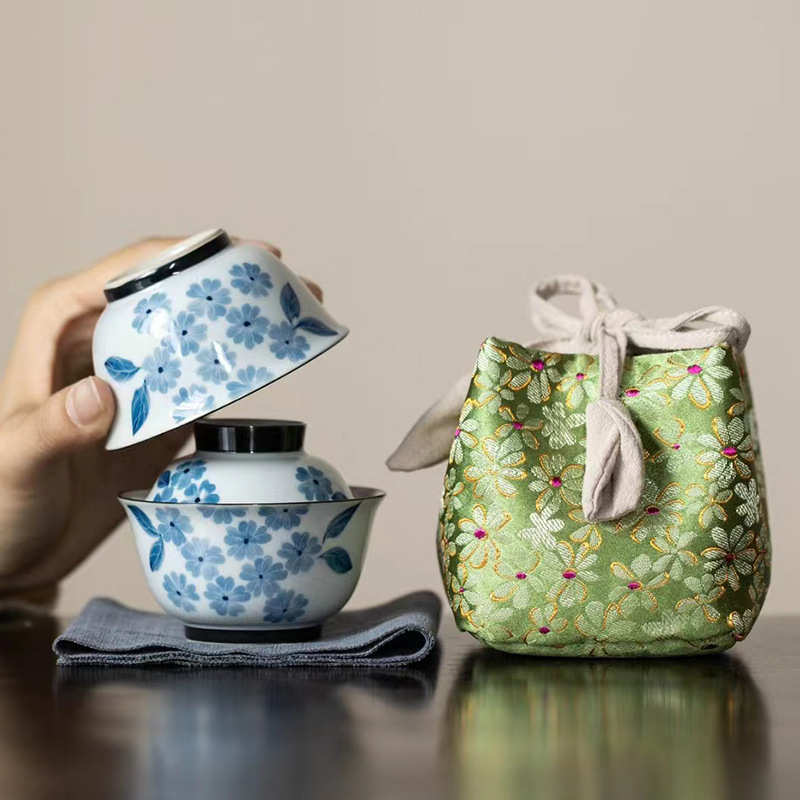 釉下彩手绘 一人茶具 套装户外便携女士精致随身旅行喝茶盖碗茶杯