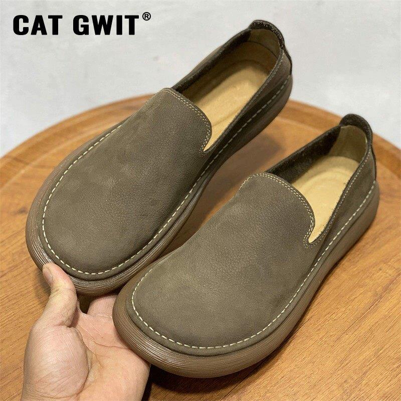 CAT GWIT宽头乐福鞋男一脚蹬防水时尚2026新款男款透气软皮软底鞋
