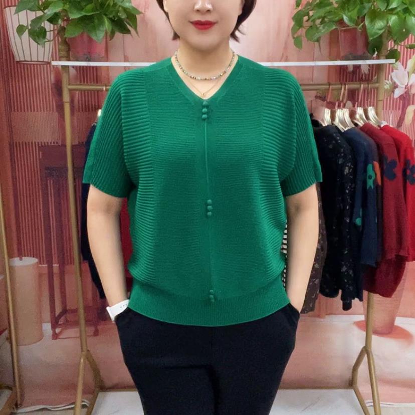 极速休闲通勤纯色三扣V领蝙蝠袖针织衫女新款遮肉显瘦中老年女装