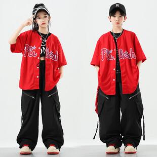 街舞幼儿潮服hiphop演出服红色棒球服短袖外套男女童嘻哈炸街套装