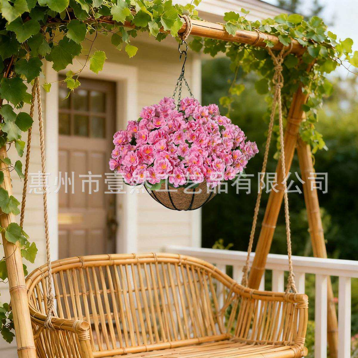 跨境海棠花仿真花吊盆天竺葵假花吊篮装饰户外门挂造景铁艺盆栽