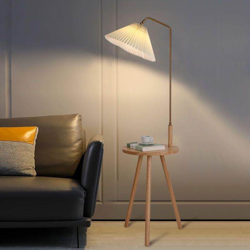 客厅茶几落地灯 原木风设计感卧室床头柜置物架一体 实木立式台灯