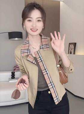 短外套女2026春秋新款时尚洋气百搭拼接格子小个子风衣夹克高级感
