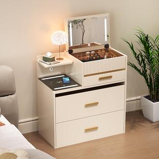 桦崟2025新款全实木梳妆台床头柜一体奶油风小户型翻盖卧室70cm化妆桌摆件饰品床笠拉车