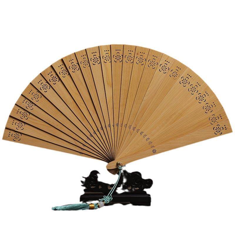 崖柏苏扇寒梅折扇子实木镂空雕刻复古风送礼古典工艺摆件