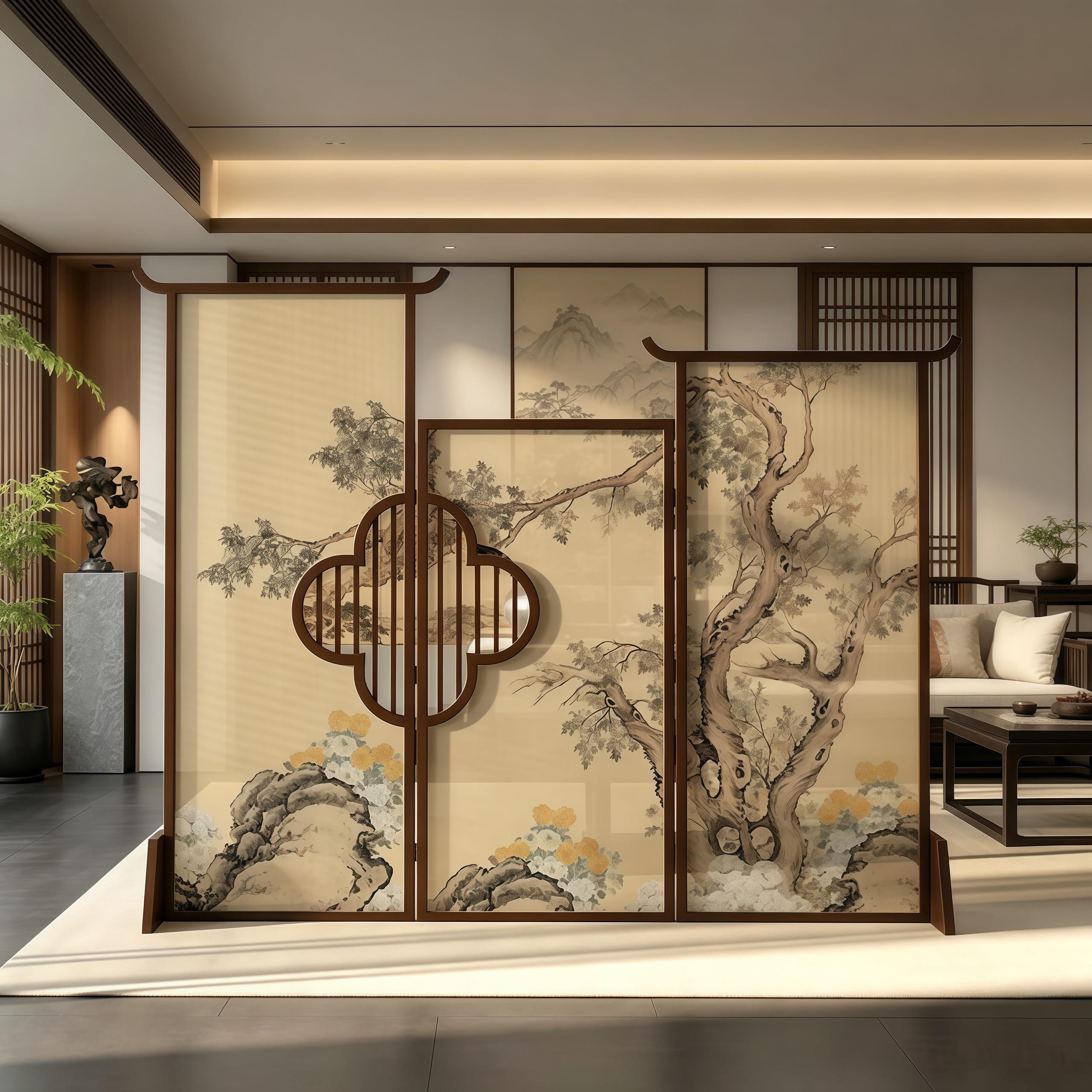 新中式屏风移动折叠入户玄关遮挡宋式美学茶室会所复古风背景装饰