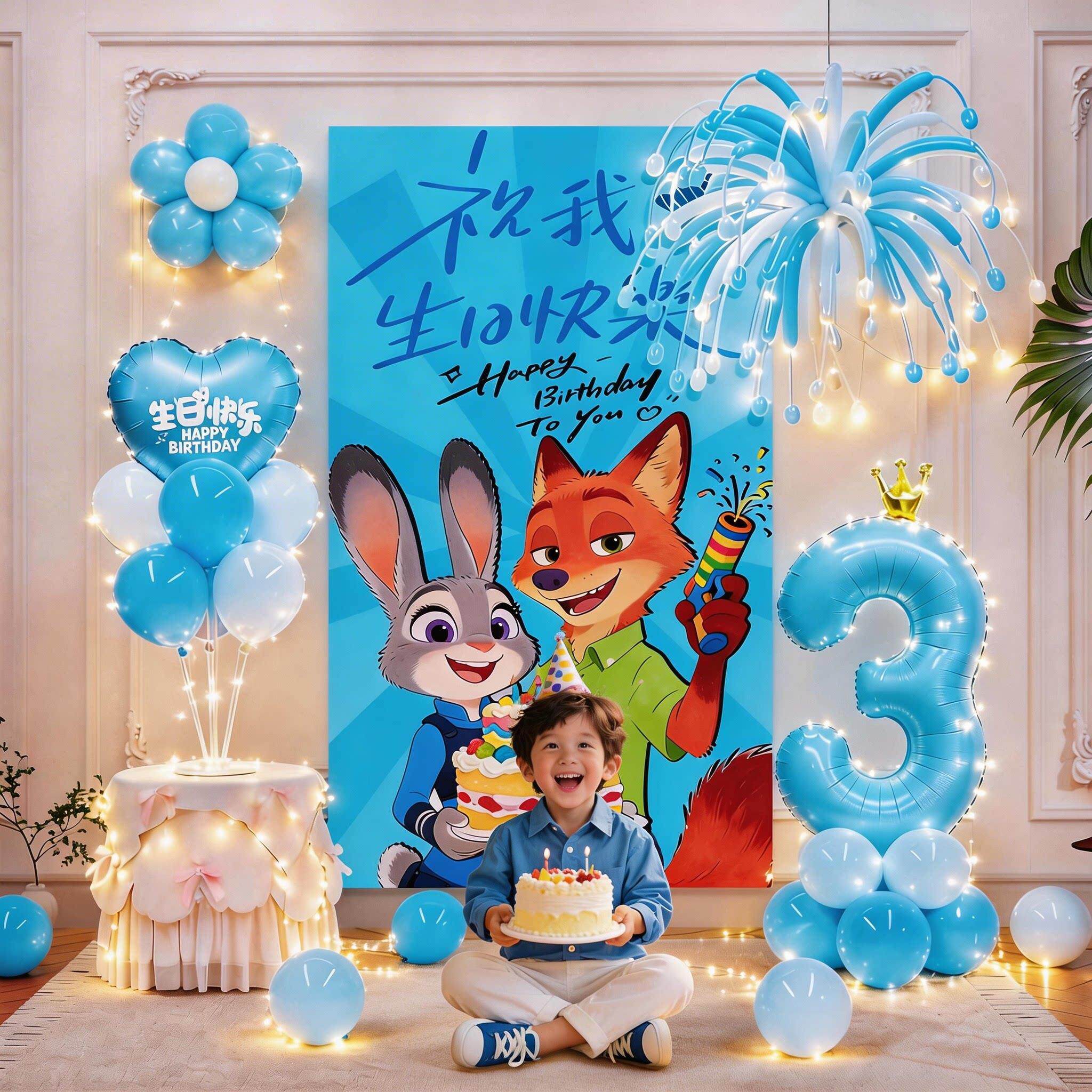 疯狂动物城主题生日布置儿童气球派对朱迪尼克帆布条场景装饰背景