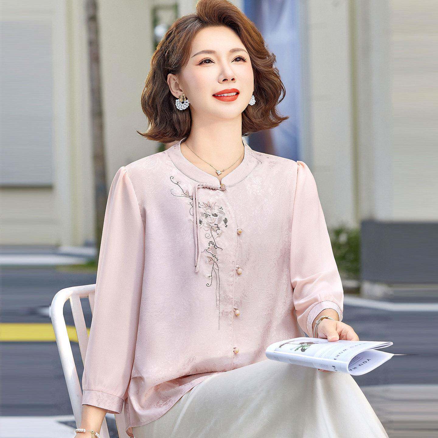 国风中年衬衫女开衫夏装桑蚕丝100%套装妈妈圆领真丝纯色上衣薄款