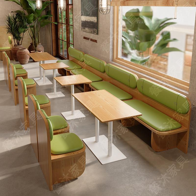 原木风奶茶店汉堡店靠墙卡座沙发咖啡厅休息区糖水铺餐饮桌椅组合