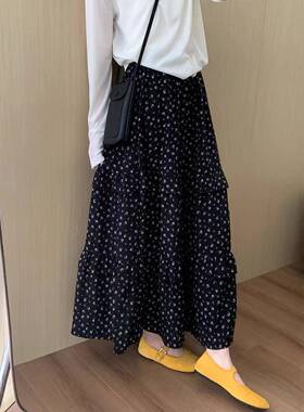 韩系复古黑色碎花半身裙子女夏季新款百搭遮跨显瘦小个子A字伞裙
