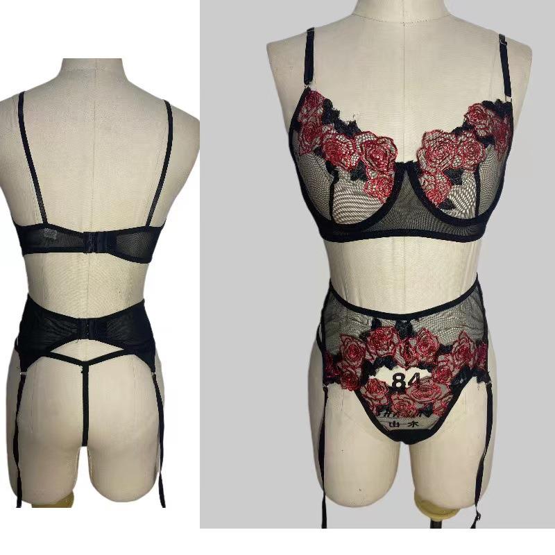 Bra Set Underwire Fashion Lace Eyelashes Three-piece