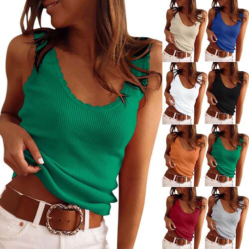 Scoop Neck Ribbed Ruffle Tank Tops For Women Summer