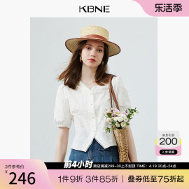 KBNE衬衫女V领蕾丝拼接独特别致白色上衣2024夏季短袖衬衣