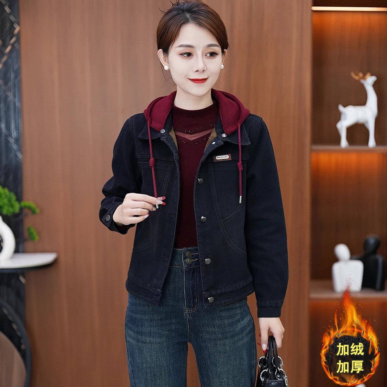 极速假两件加绒牛仔短外套女士秋冬新款时尚休闲夹克外衣保暖加厚
