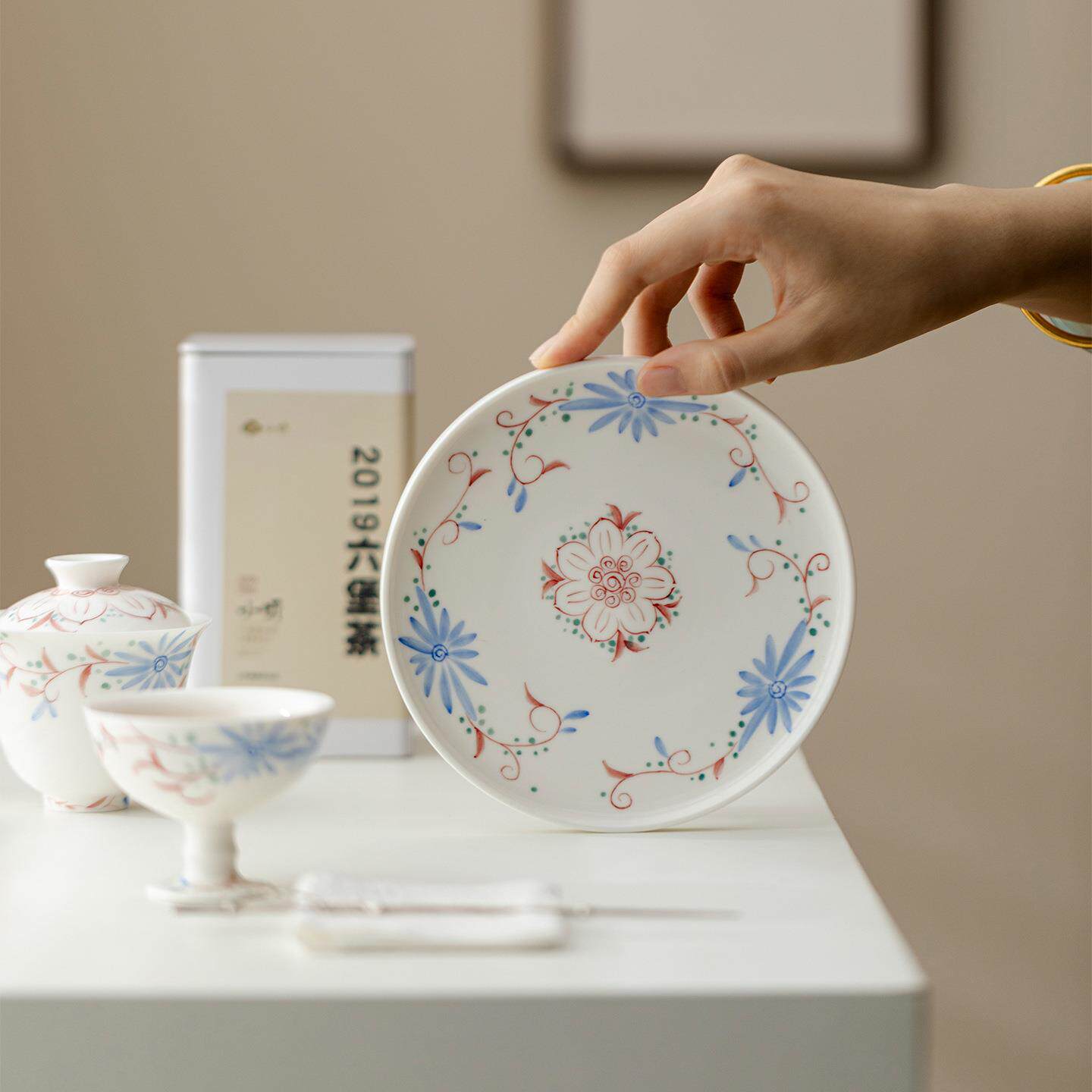 青己国风手绘青花绮彩花卉纹文人家用陶瓷壶承茶道配件干泡盘瓷盘