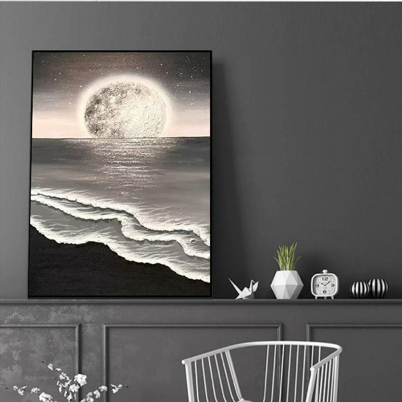 纯手绘油画黑白海景客厅装饰画手工立体肌理月球摆件挂墙玄关入户