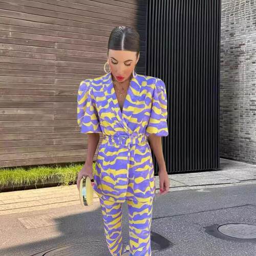 Printed short sleeved jacket flared pants suit set for