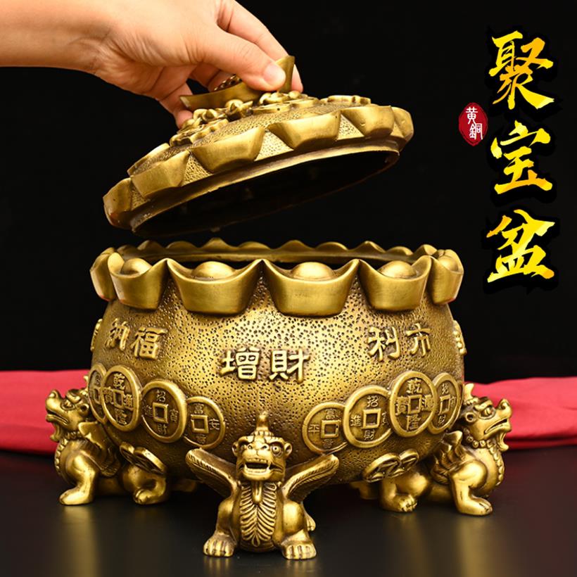 纯铜开盖貔貅聚宝盆存钱罐摆件五路财神聚宝盆商务礼品店铺办公室
