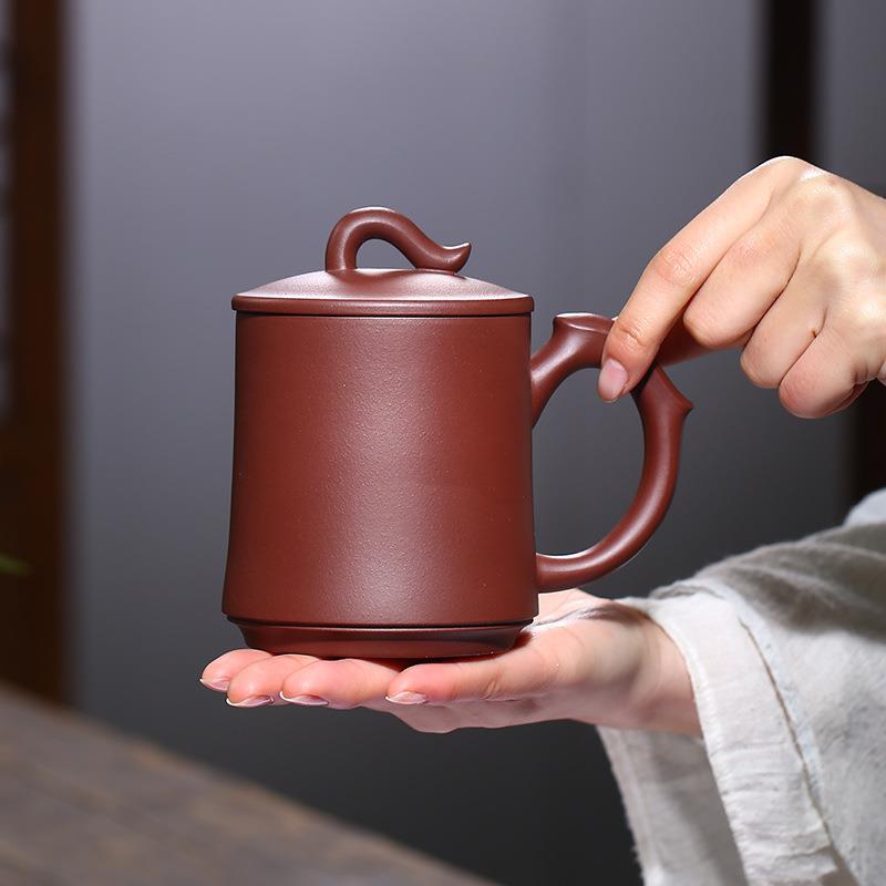 宜兴紫砂盖杯花翎紫砂杯办公杯雨中砂原矿紫泥大紫砂茶杯厂家