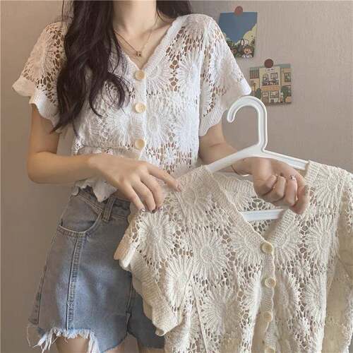 Women'S Ethnic Pattern Sheer Hollow Out Crochet Cover Up Top