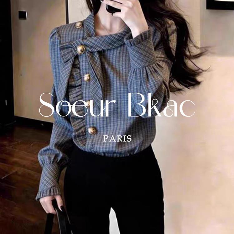 法国SOEUR BKAC春季复古不规则格子长袖衬衫女法式休闲叠穿款上衣
