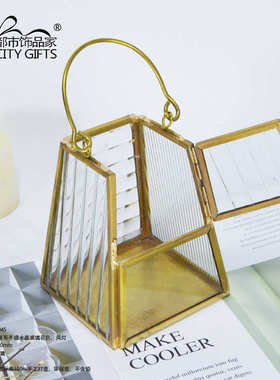 批发梯形手提水晶玻璃风灯欧式创意风灯烛台摆件蜡烛玻璃金属风灯