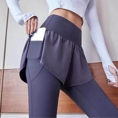Pocket fitness running high waist yoga pants fake two pieces