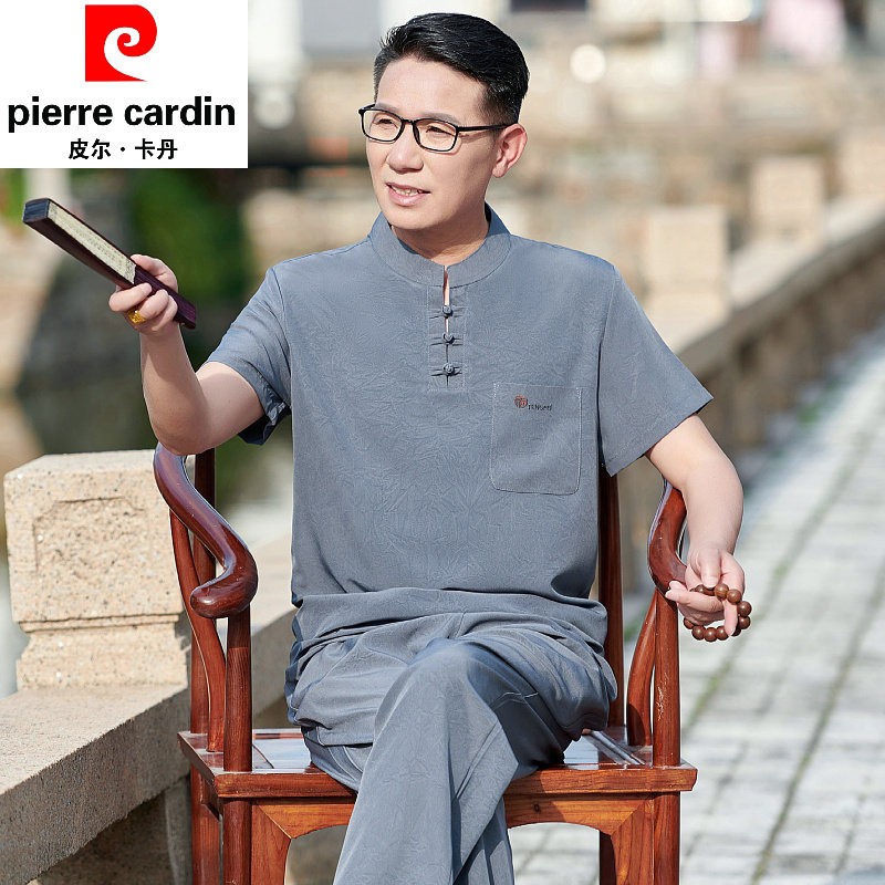 皮尔卡登唐装男中老年夏季短袖套装爸爸夏装两件式爷爷休闲上衣服