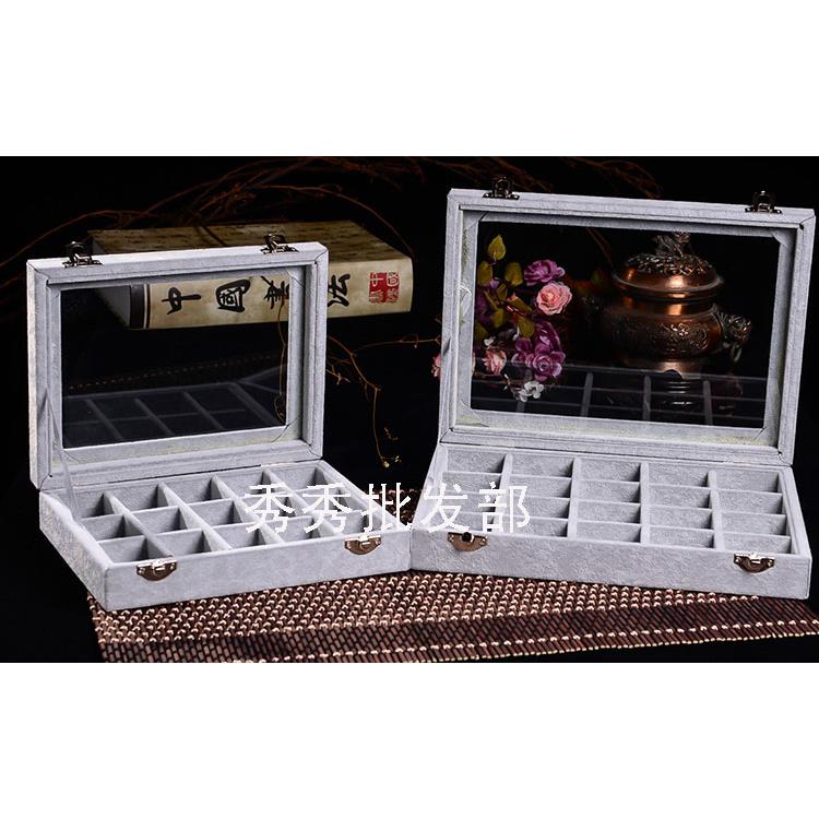 高档冰花绒首饰盒珠宝箱带盖首饰饰盘多木质格首饰盒品收纳盘散珠