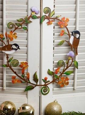 山雀花圈墙门牌金属艺术品ChickadeesFlowersWreath Wall Art