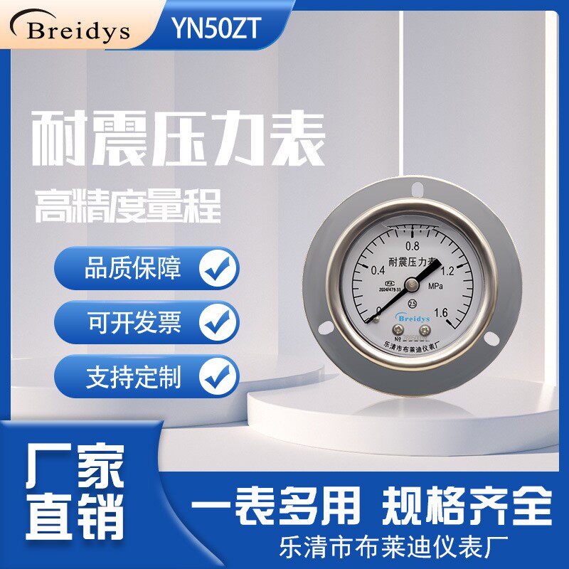 压力表YN50ZT轴向带边不锈钢耐震压力表0-1.6mpa油压液压气压水压