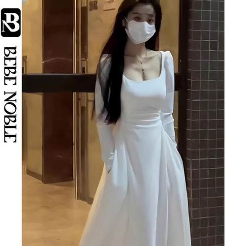BEBE NOBLE白色长袖连衣裙子女春秋法式小个子高级感吊带收腰长裙