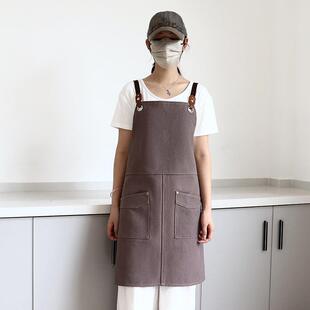 跨境加厚帆布双肩交叉背带长围裙咖啡奶茶餐饮店员工作服围腰纯色