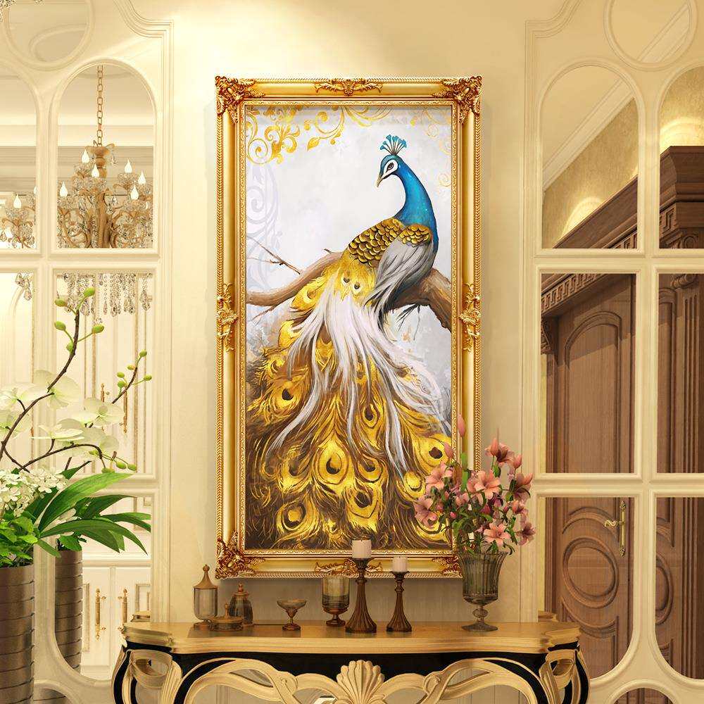 玄关装饰画走廊竖版画过道欧式壁画简欧挂画动物孔雀油画高档画