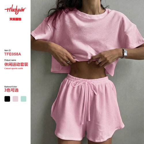 Womens Solid Color Ribbed Crew Neck Crop Top & Drawstring