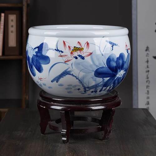 景德镇手绘荷花鱼缸大号养乌龟睡莲陶瓷缸别墅荷花盆中式风水摆件