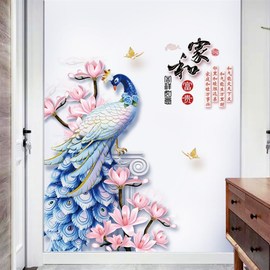 平安富贵荷花墙贴中国风客厅，电视背景墙贴画，花瓶墙贴纸防水自粘画