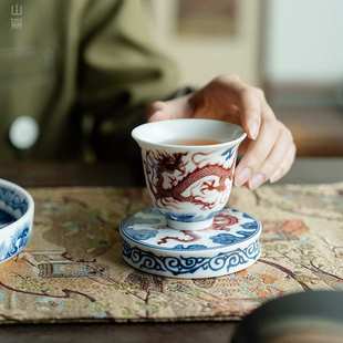 白汝青花龙纹盖置家用陶瓷杯垫功夫茶具陶瓷配件杯托覆古杯垫盖托